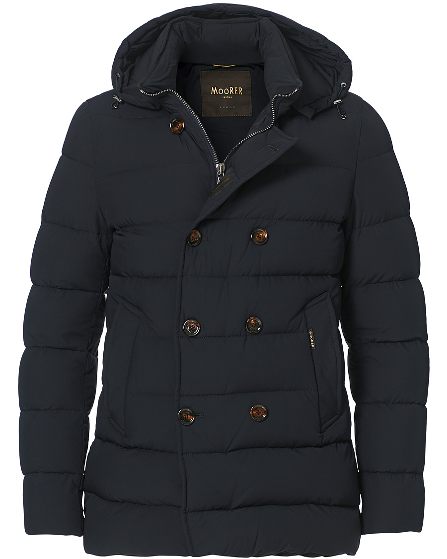 Heren | Jassen | MooRER | Double Breasted Stretch Nylon Hood Coat Navy
