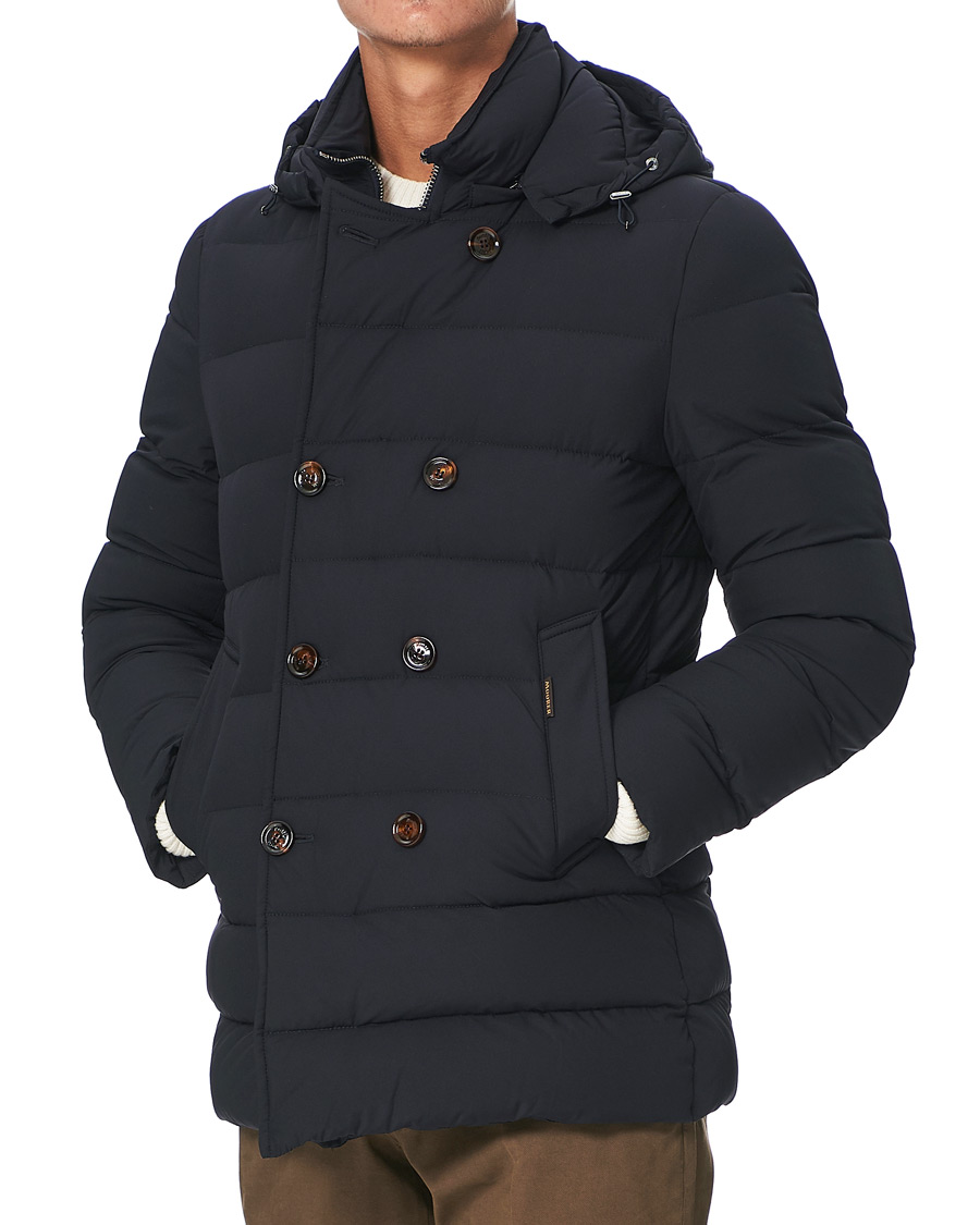 Heren | Jassen | MooRER | Double Breasted Stretch Nylon Hood Coat Navy