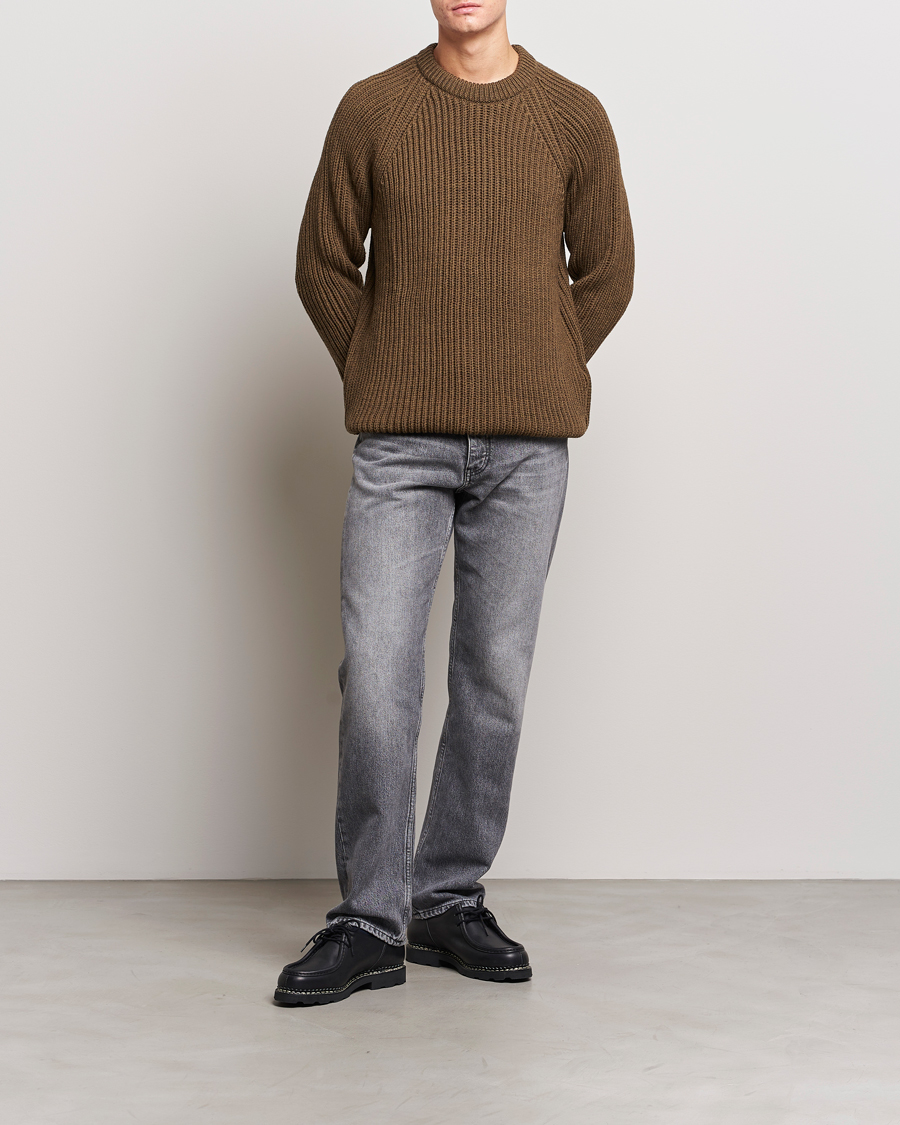 Heren | Truien | Gloverall | Fisherman Rib Chunky Wool Crew Dark Green