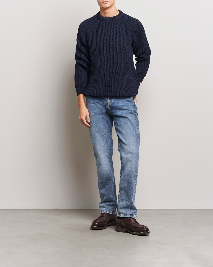 Heren | Truien | Gloverall | Fisherman Rib Chunky Wool Crew Neck Navy