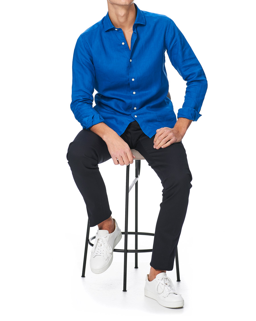 Heren | Overhemden | Kamakura Shirts | Slim Fit Linen Shirt Cobalt Blue