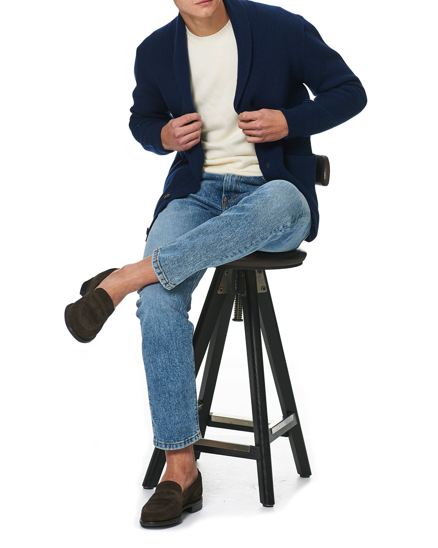 Heren | Truien | Sunspel | Wool/Cashmere Shawl Neck Cardigan Dark Navy Melange