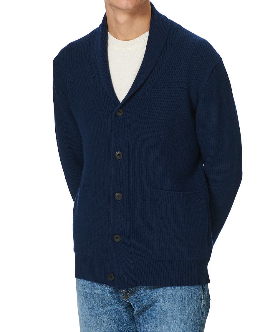 Heren | Truien | Sunspel | Wool/Cashmere Shawl Neck Cardigan Dark Navy Melange