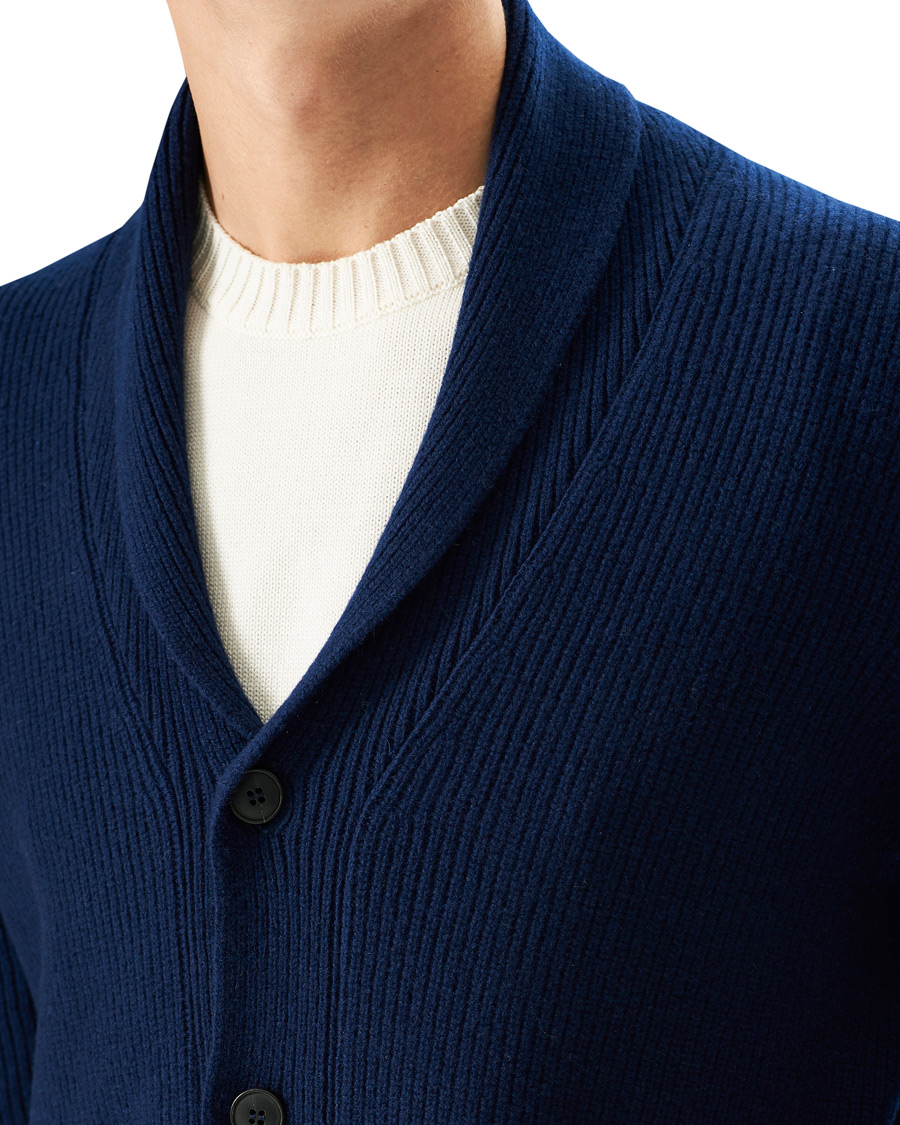 Heren | Truien | Sunspel | Wool/Cashmere Shawl Neck Cardigan Dark Navy Melange