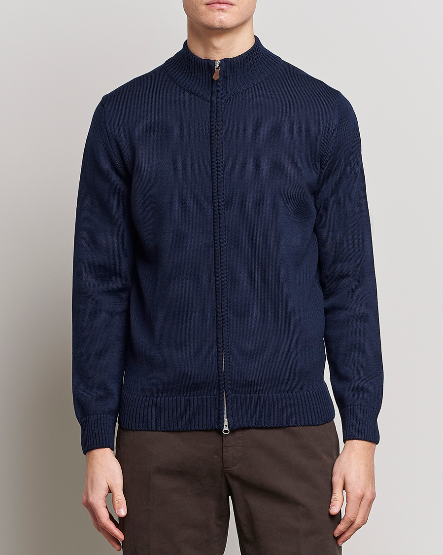 Heren | Truien | Stenströms | Chunky Merino Full Zip Cardigan Navy
