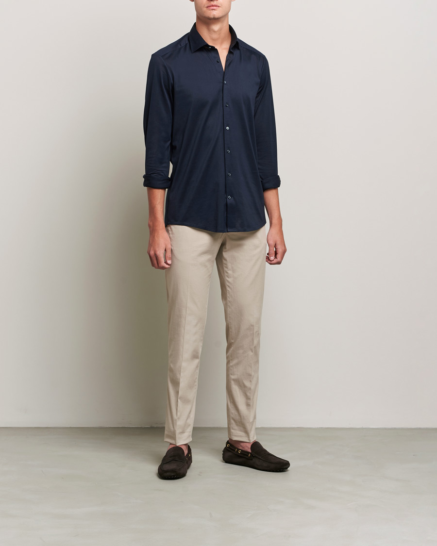 Heren | Overhemden | Stenströms | Slimline Jersey Button Down Shirt Navy