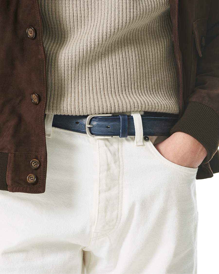 Heren | Orciani Herringbone Leather Belt 3,5 cm Denim Blue | Orciani | Herringbone Leather Belt 3,5 cm Denim Blue