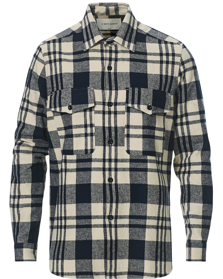 Heren | Overhemden | A Day's March | Cardiff Checked Flannel Shirt Off White/Navy