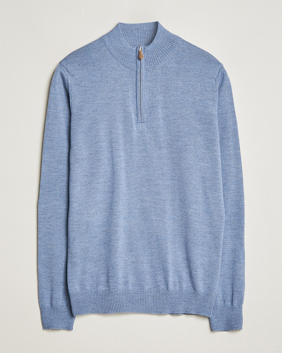 Heren | Truien | Stenströms | Merino Half Zip Light Blue