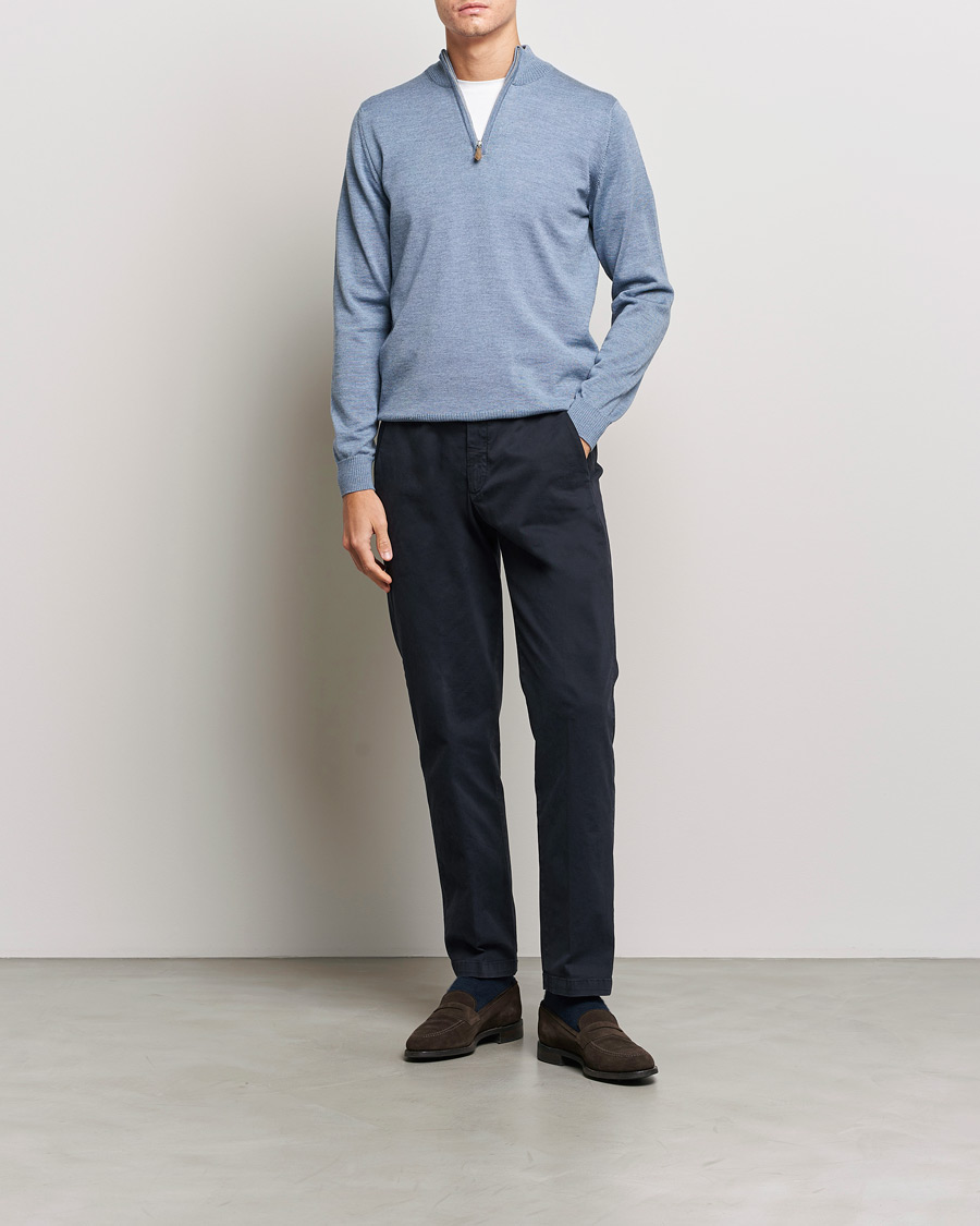 Heren | Truien | Stenströms | Merino Half Zip Light Blue