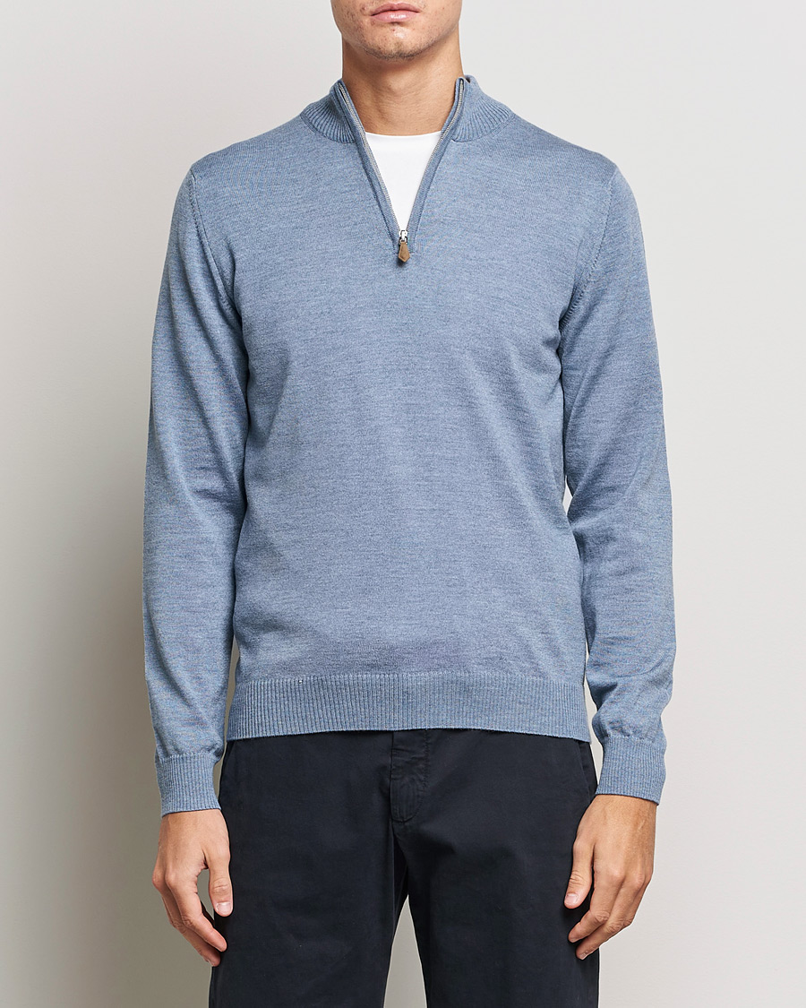 Heren | Truien | Stenströms | Merino Half Zip Light Blue