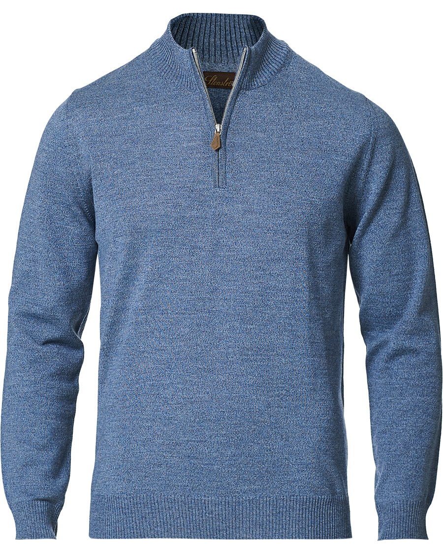 Heren | Truien | Stenströms | Merino Half Zip Blue Mouliné