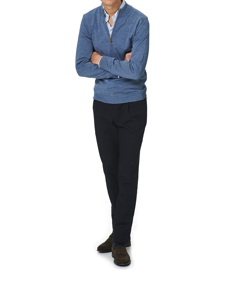 Heren | Truien | Stenströms | Merino Half Zip Blue Mouliné