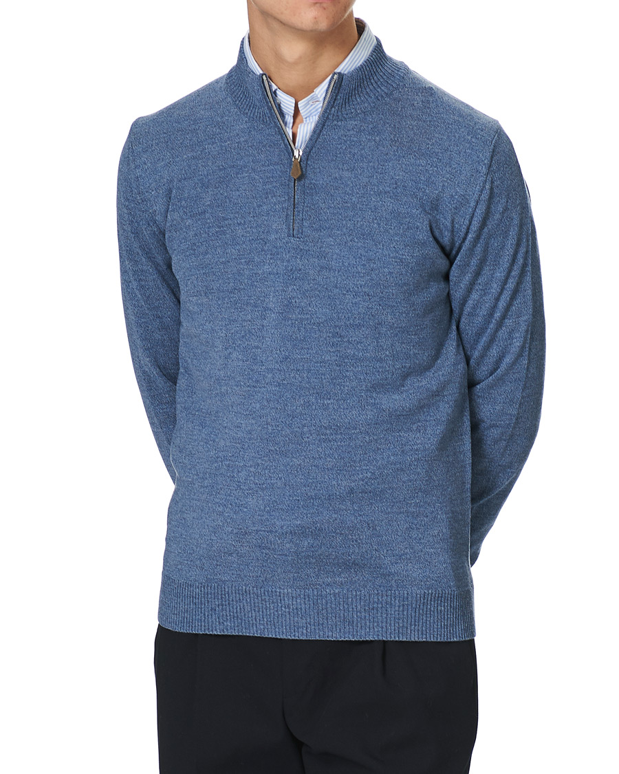 Heren | Truien | Stenströms | Merino Half Zip Blue Mouliné
