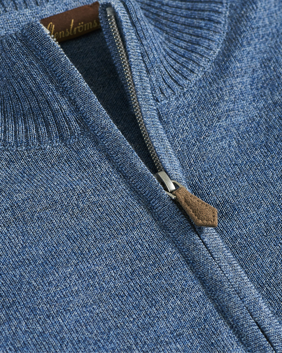 Heren | Truien | Stenströms | Merino Half Zip Blue Mouliné