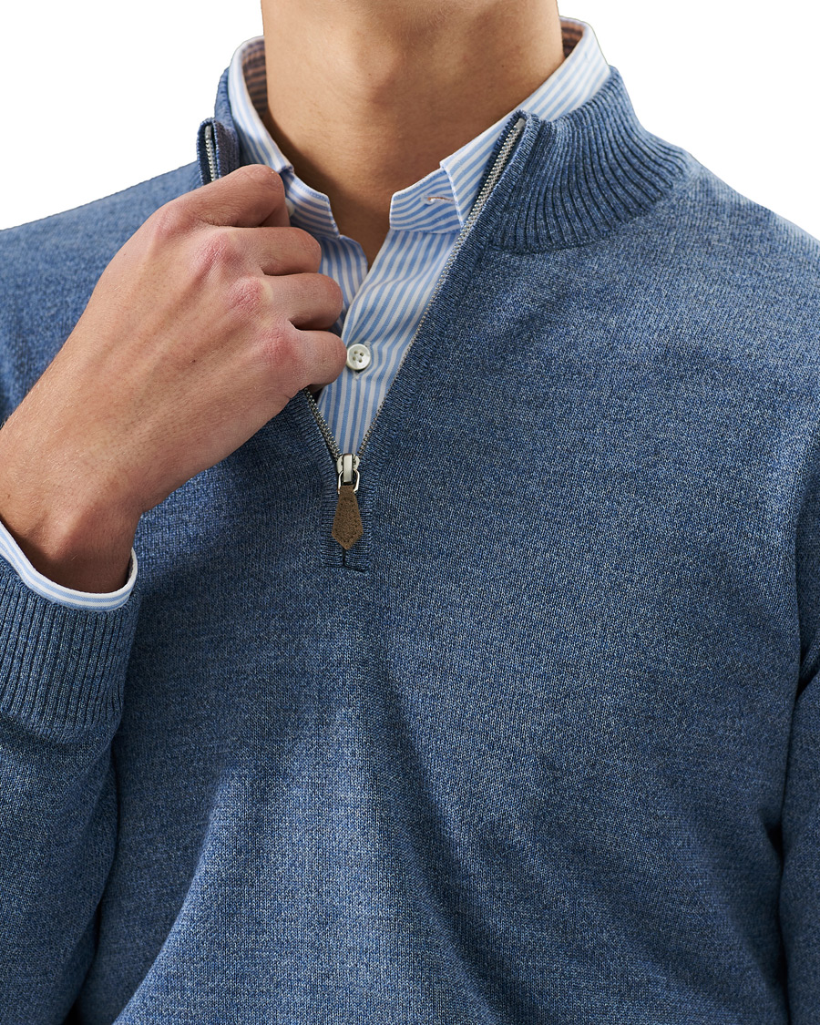 Heren | Truien | Stenströms | Merino Half Zip Blue Mouliné