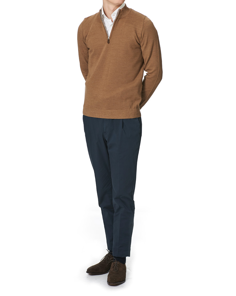 Heren | Truien | Stenströms | Textured Merino Half Zip Brown