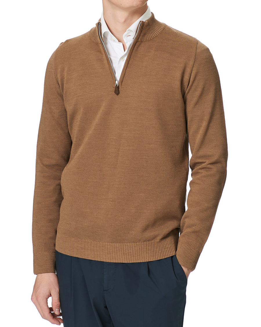 Heren | Truien | Stenströms | Textured Merino Half Zip Brown
