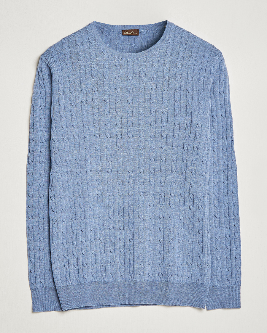Heren | Truien | Stenströms | Merino Cable Crew Neck Light Blue