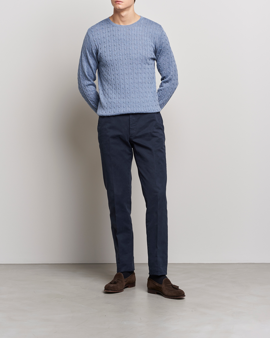 Heren | Truien | Stenströms | Merino Cable Crew Neck Light Blue