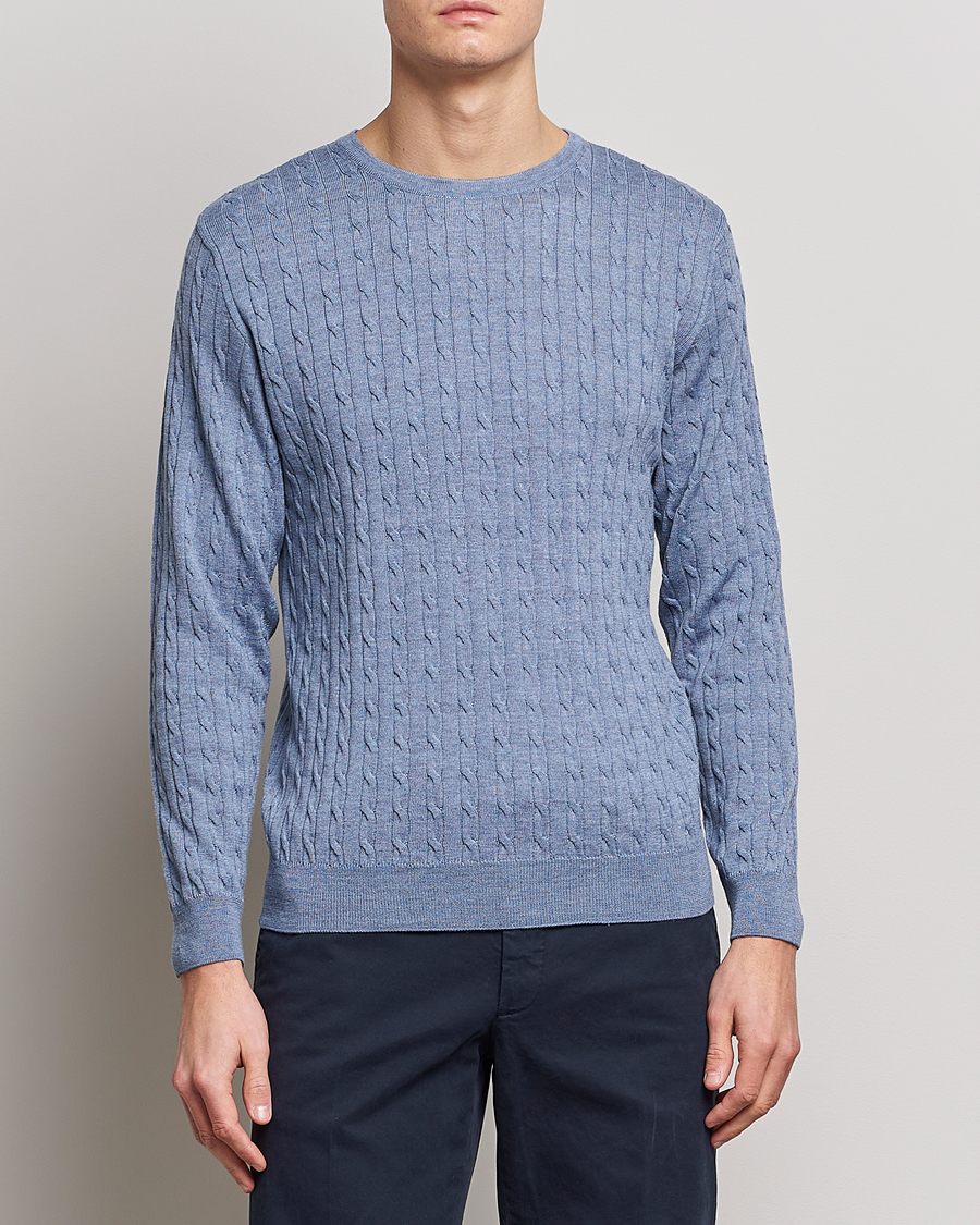 Heren | Truien | Stenströms | Merino Cable Crew Neck Light Blue