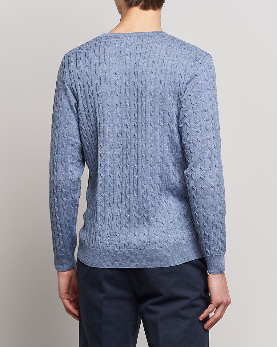 Heren | Truien | Stenströms | Merino Cable Crew Neck Light Blue