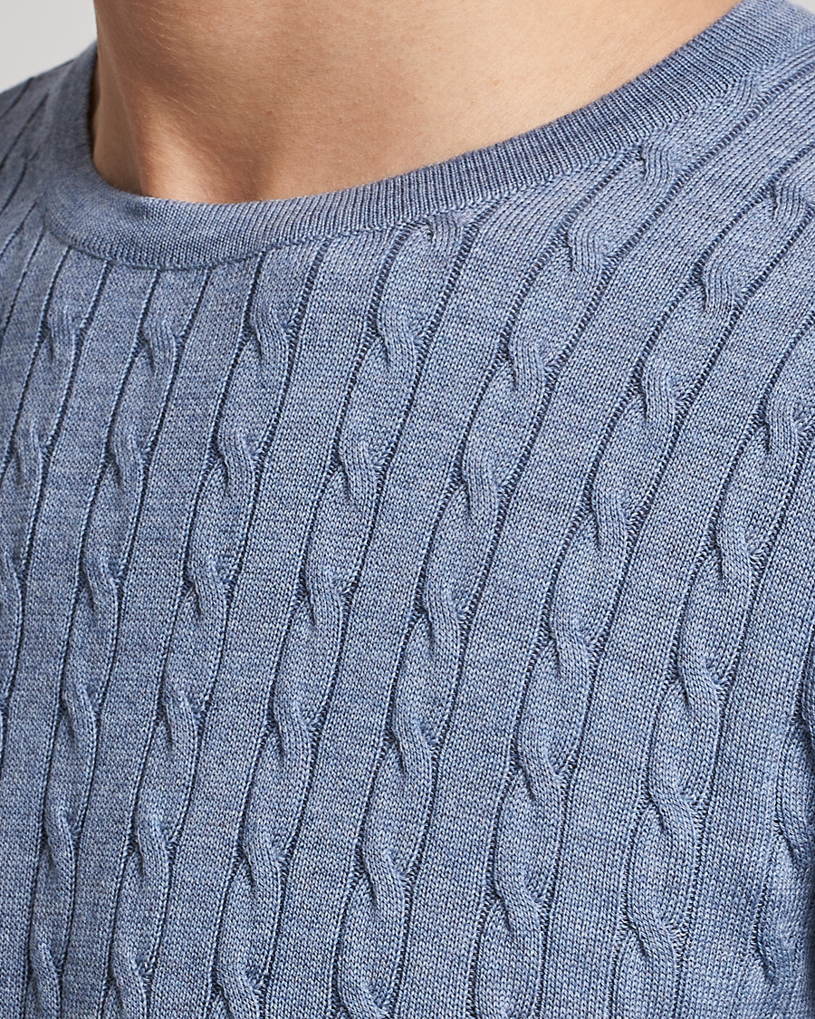 Heren | Truien | Stenströms | Merino Cable Crew Neck Light Blue