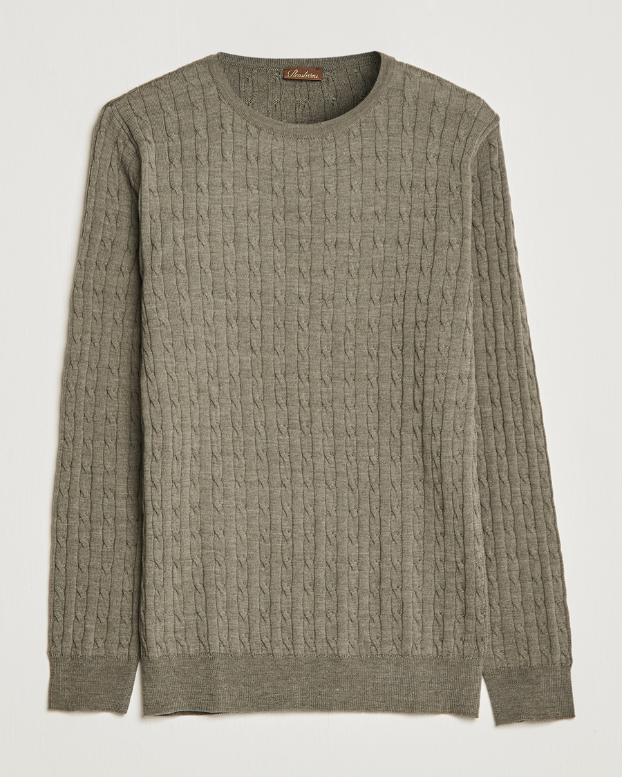 Heren | Truien | Stenströms | Merino Cable Crew Neck Olive