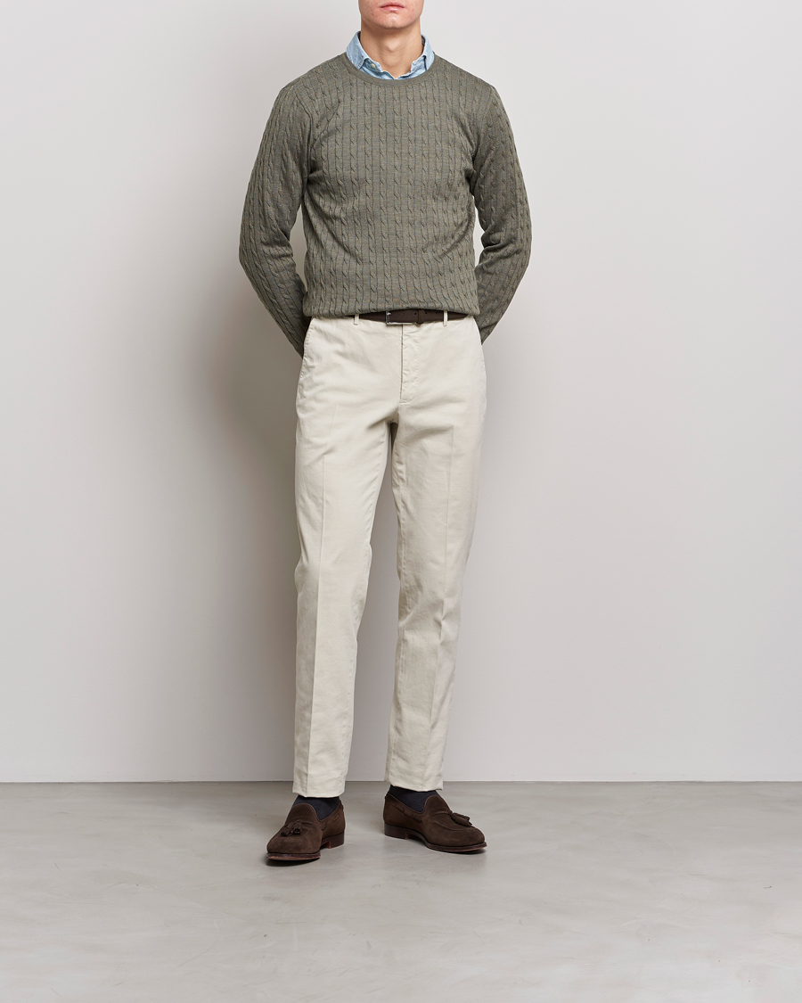 Heren | Truien | Stenströms | Merino Cable Crew Neck Olive