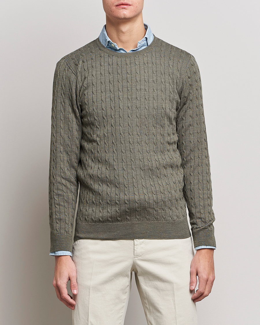 Heren | Truien | Stenströms | Merino Cable Crew Neck Olive