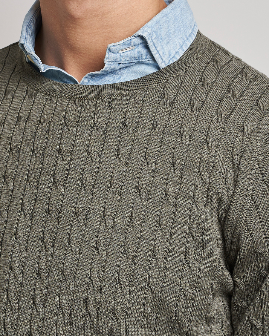 Heren | Truien | Stenströms | Merino Cable Crew Neck Olive