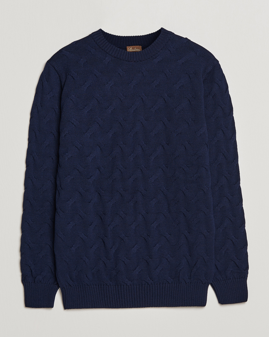 Heren | Truien | Stenströms | Heavy Cable Merino Crew Neck Navy