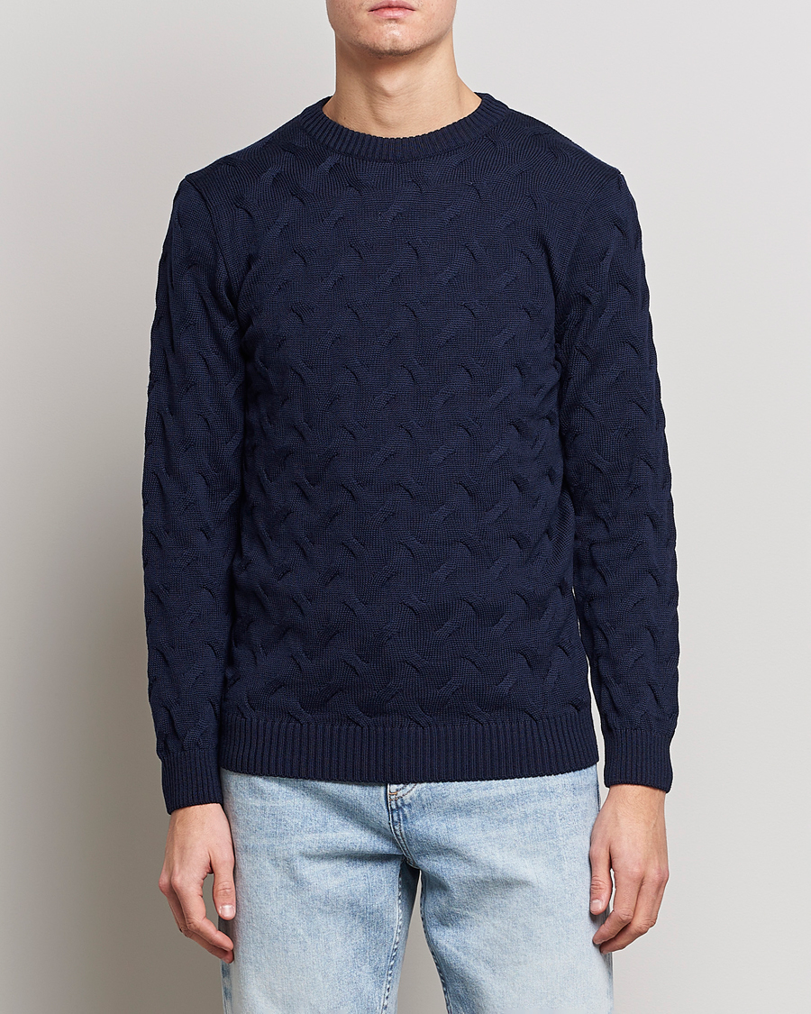 Heren | Truien | Stenströms | Heavy Cable Merino Crew Neck Navy
