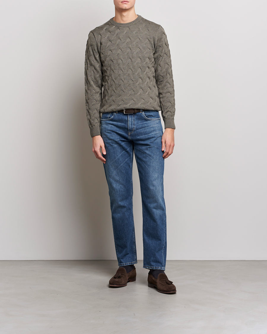 Heren | Truien | Stenströms | Heavy Cable Merino Crew Neck Olive