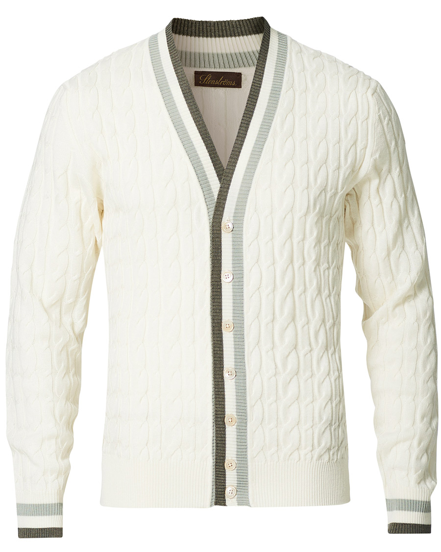Heren | Truien | Stenströms | Contrast Merino Cable Cardigan White