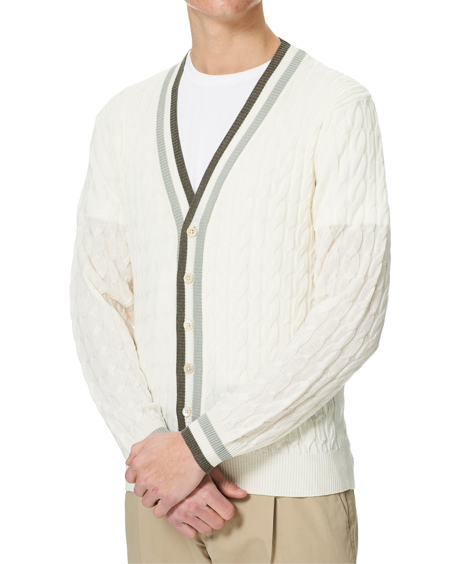 Heren | Truien | Stenströms | Contrast Merino Cable Cardigan White