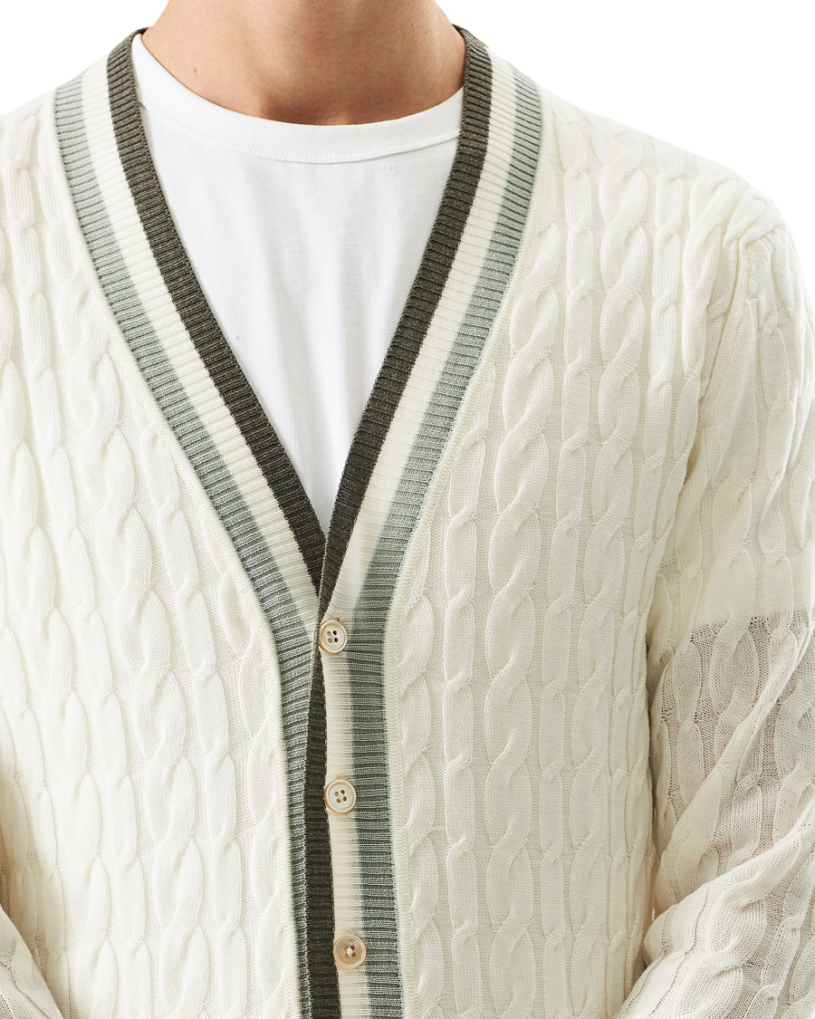 Heren | Truien | Stenströms | Contrast Merino Cable Cardigan White