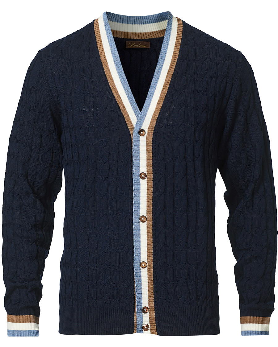 Heren | Truien | Stenströms | Contrast Merino Cable Cardigan Navy