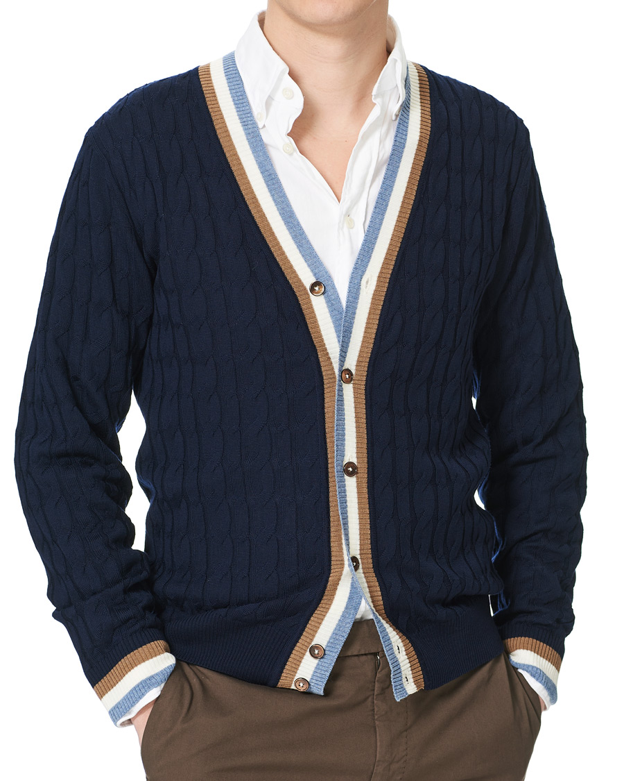 Heren | Truien | Stenströms | Contrast Merino Cable Cardigan Navy