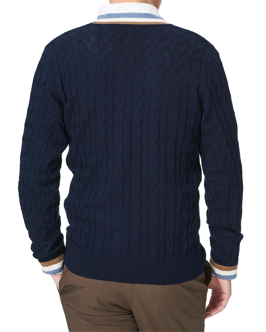 Heren | Truien | Stenströms | Contrast Merino Cable Cardigan Navy