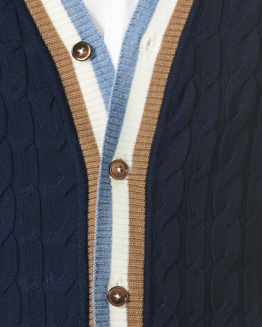 Heren | Truien | Stenströms | Contrast Merino Cable Cardigan Navy