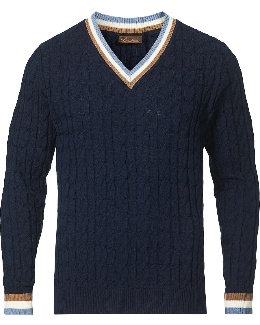 Heren | Truien | Stenströms | Contast Merino Cable V-Neck Navy