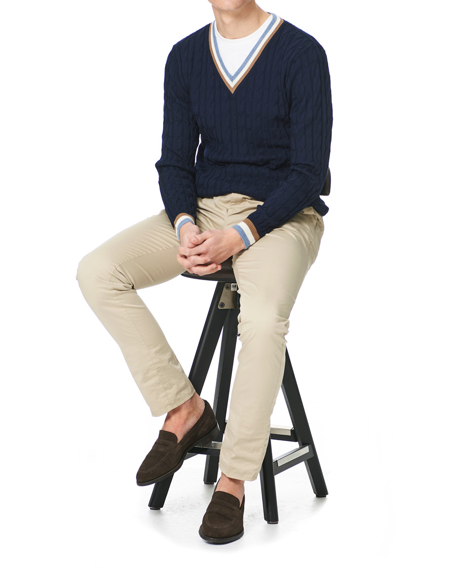 Heren | Truien | Stenströms | Contast Merino Cable V-Neck Navy