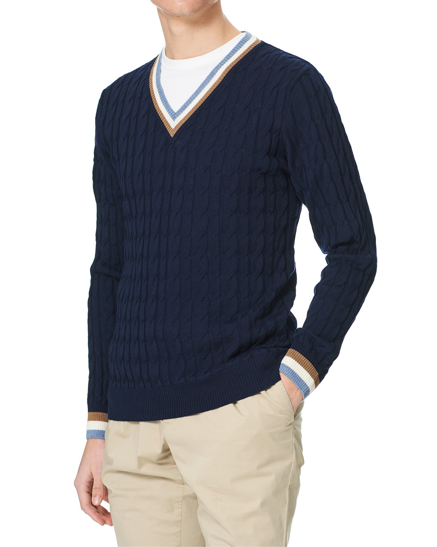 Heren | Truien | Stenströms | Contast Merino Cable V-Neck Navy