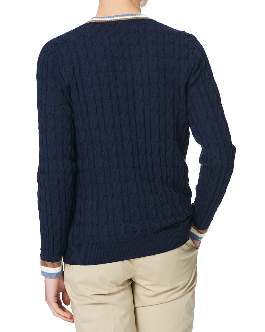 Heren | Truien | Stenströms | Contast Merino Cable V-Neck Navy
