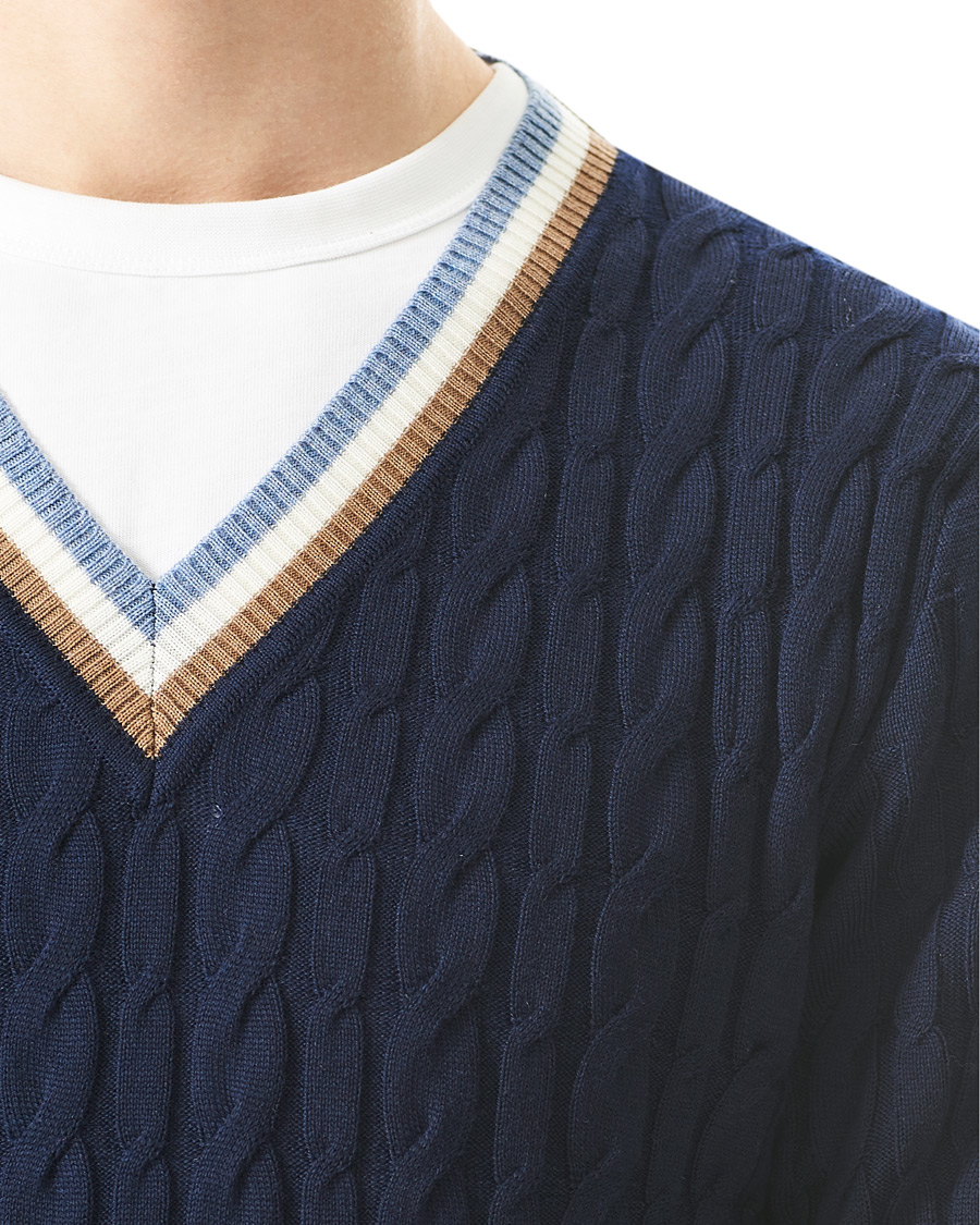 Heren | Truien | Stenströms | Contast Merino Cable V-Neck Navy