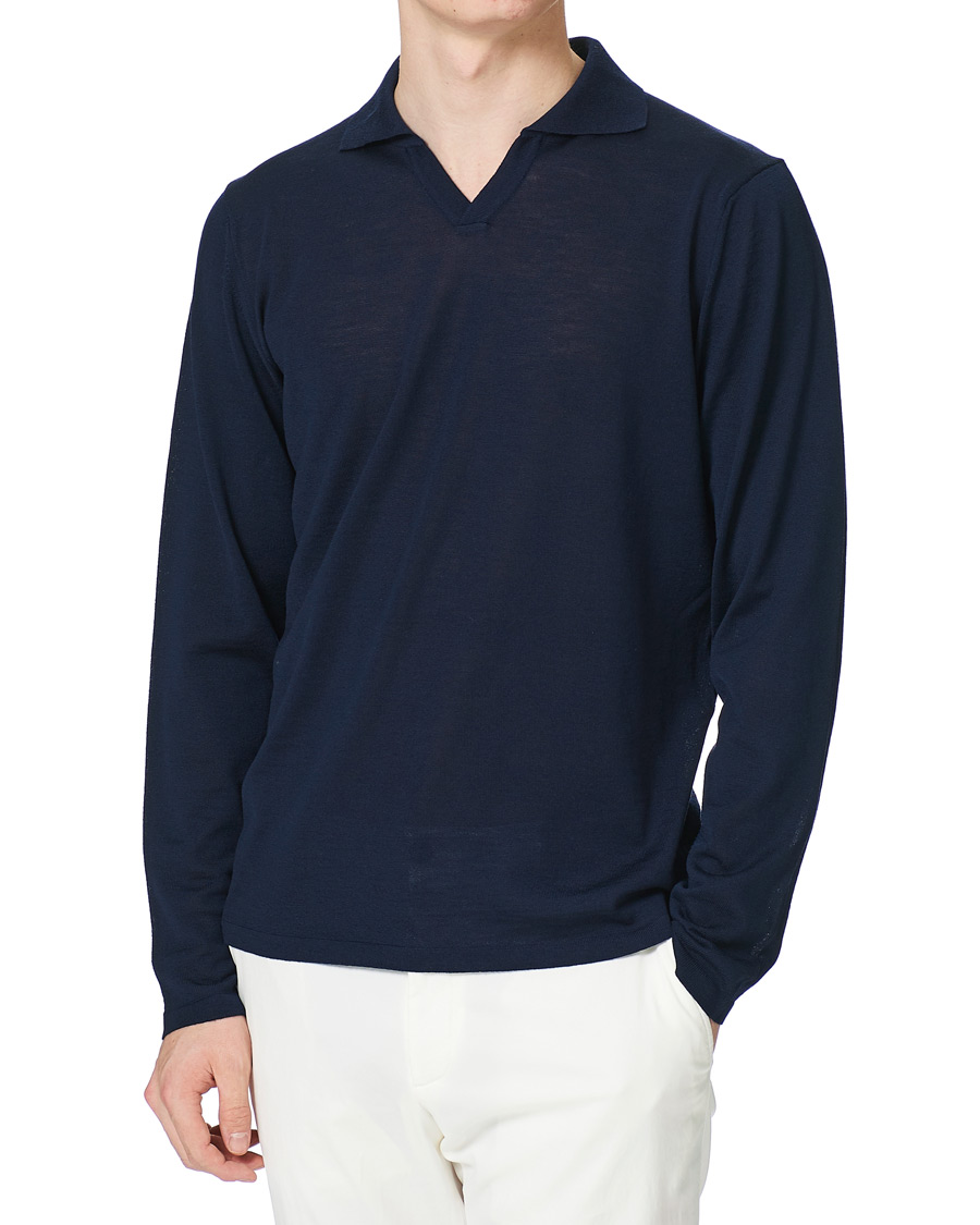Heren | Truien | Stenströms | Fine Merino Long Sleeve Polo Navy