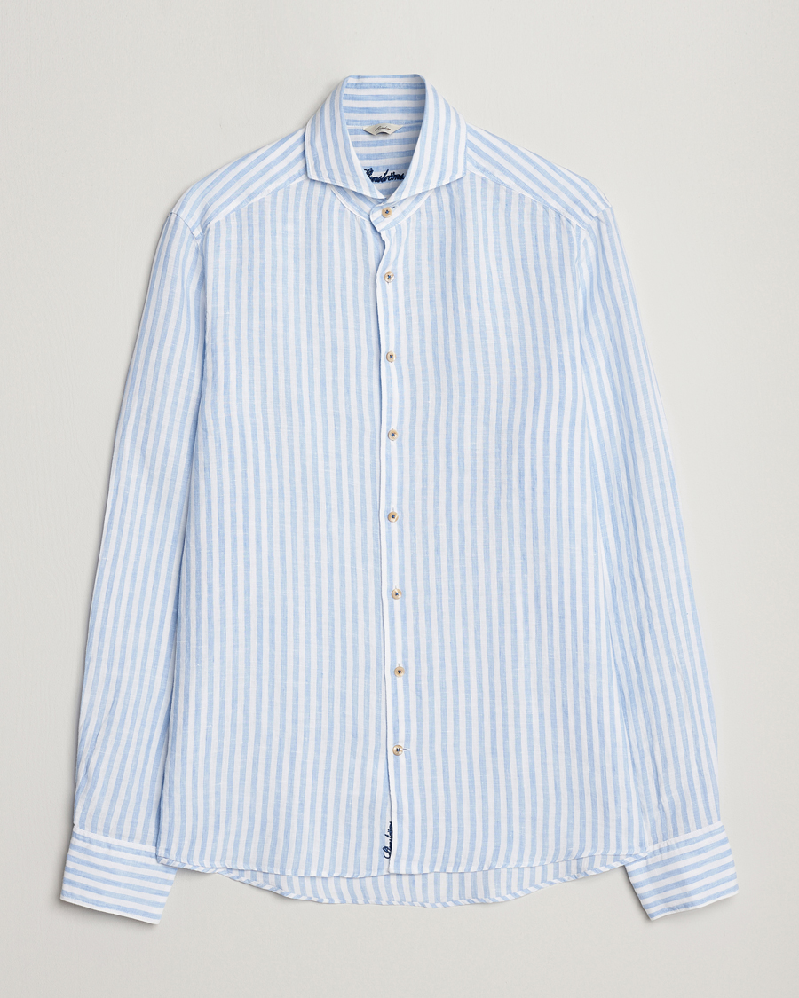 Heren | Overhemden | Stenströms | Slimline Cut Away Striped Linen Shirt Light Blue