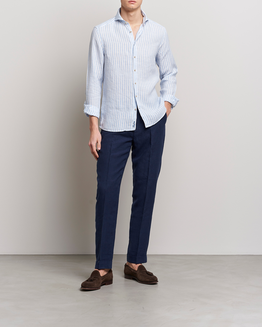 Heren | Overhemden | Stenströms | Slimline Cut Away Striped Linen Shirt Light Blue