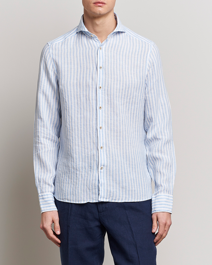 Heren | Overhemden | Stenströms | Slimline Cut Away Striped Linen Shirt Light Blue